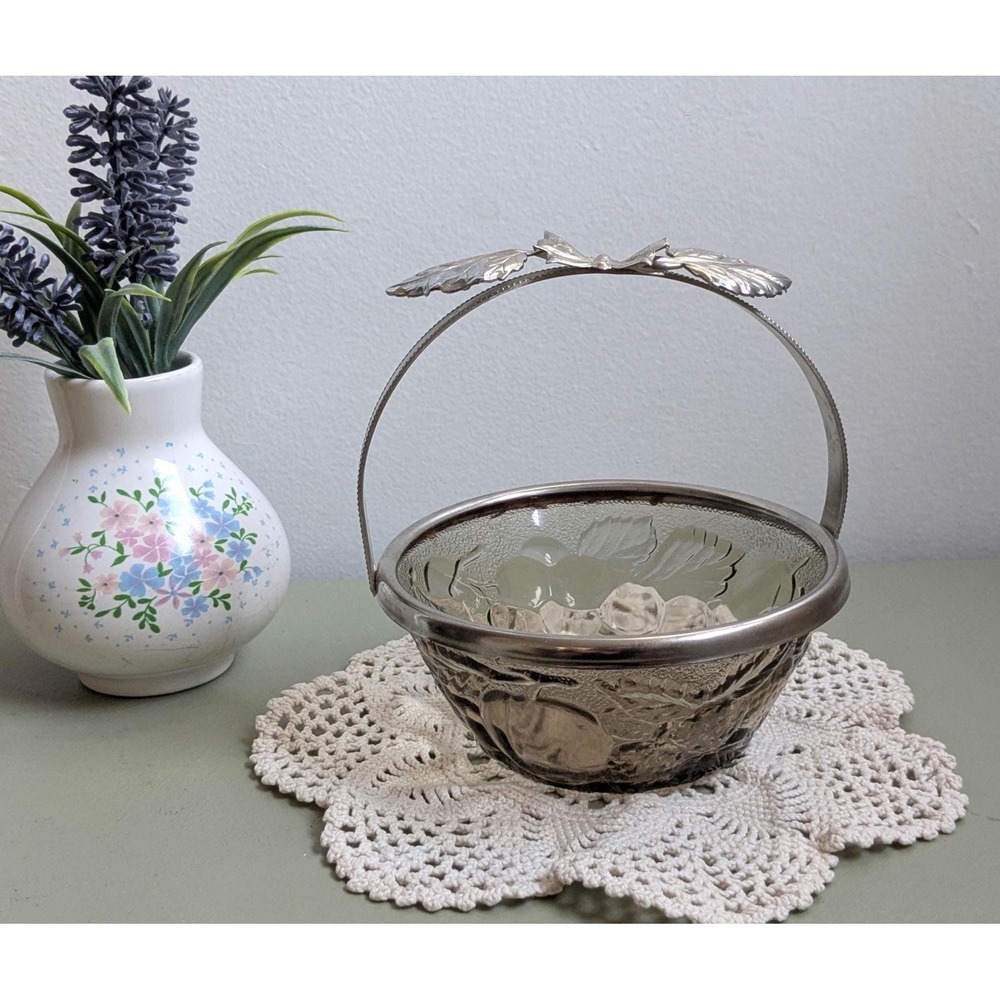 Vintage Italian Glass Fruit Basket with Removable Silver Tone Butterfly Handle